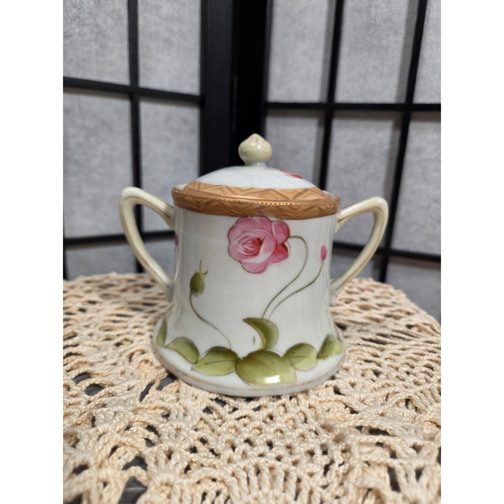 Antique Hand Painted Nippon Pink Rose Lidded Sugar Bowl Gold Moriage Trim 4.5in